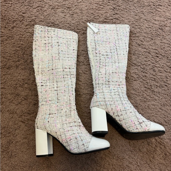 handmade Shoes - White Tweed Boucle Handmade Boots Pink Blue Knee High Size 35 5 NEW